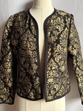 Black & Gold Brocade Open Front Blazer Jacket